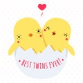 Cute twins baby chickens in egg vector illustration with heart