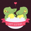 Cute twins baby crocodiles in egg vector happy birthday card