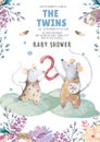 The cute Twins Mouse birthday greeting cards. Hand drawn nursery watercolor illustration for baby shower