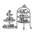 Cute two afternoon tea cake stand clipart. Hand drawn breakfast treat pastry. Cupcake domestic crockery lineart in flat color.