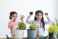 Cute two Asian little girls smiling showing dirty hands in gloves and apron while having fun planting tree and change flowers