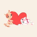 Cute two cat with big red hearts. Happy valentines day vector illustration isolated on beige background. Lovely kitty character Royalty Free Stock Photo