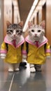 cute two cats in yellow jackets wearing school bags