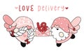 Cute two couple Gnomes cupid with cupid wings boy and girl holding love letter, love delivery, flat vector cartoon drawing outline Royalty Free Stock Photo