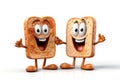 Cute two funny bread toasts character isolated on white background. Toast with face character mascot concept