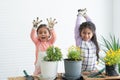 Cute two happy Asian little girls showing dirty hands in gloves and apron while having fun planting tree and change flowers potted