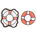 Cute two lifebelts cartoon vector illustration motif set. Hand drawn isolated lifebuoy elements clipart for dangerous sailing blog