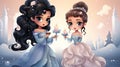 Cute two little princesses with candle in hand. Vector illustration