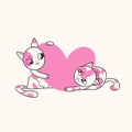 Cute two outline cat with big pink hearts. Happy valentines day vector line art illustration isolated on beige background. Lovely Royalty Free Stock Photo