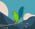 Cute two parrot birds sitting on a tree branch illustration. Parrots on a tree branch with beautiful background. Royalty Free Stock Photo