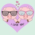 Cute two pigs, a boy and a girl in glasses isolated on a blue background with a pink heart. Royalty Free Stock Photo