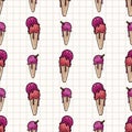 Cute two strawberry ice cream cartoon seamless vector pattern. Hand drawn melting summer treat. Yummy cold gelato Royalty Free Stock Photo