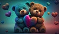 Cute two teddy bears holding a heart, on colorful background Ai, generative Royalty Free Stock Photo