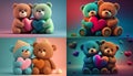 Cute two teddy bears holding a heart, on colorful background Ai, generative Royalty Free Stock Photo