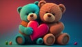 Cute two teddy bears holding a heart, on colorful background Ai, generative Royalty Free Stock Photo