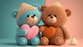 Cute two teddy bears holding a heart, on colorful background Ai, generative Royalty Free Stock Photo