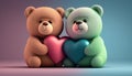 Cute two teddy bears holding a heart, on colorful background Ai, generative Royalty Free Stock Photo