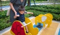 A little boy is playing on a swing with his mom Royalty Free Stock Photo