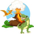 Cute tyrannosaurus and pterodactyl cartoon with volcano background