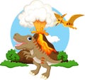 Cute tyrannosaurus and pterodactyl cartoon with volcano background Royalty Free Stock Photo