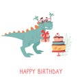 Cute tyrannosaurus rex on a greeting card. Dino in sunglasses with palms making a gift. Dinosaur holiday, cake. Funny