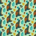 Cute tyrannosauruses and tropical leaves pattern vector Royalty Free Stock Photo