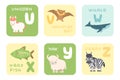 Cute U-Z alphabet cards with cartoon rainforest sea ocean African animals. Vector zoo illustrations. Unicorn, vampire bat, whale, Royalty Free Stock Photo