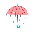 Cute umbrella with falling rain drops in doodle style. Kids colored flat vector illustration with raindrops isolated on