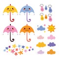 Cute umbrellas raindrops flowers clouds design elements set