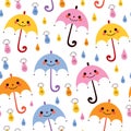 Cute umbrellas raindrops seamless vector rain pattern