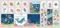 Cute under the sea cards set with seaweeds, fish, divers, submarine. Vector cartoon ocean life square, round, vertical print Royalty Free Stock Photo