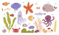 Cute undersea world with sea ocean creatures in cartoon style Royalty Free Stock Photo