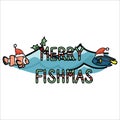 Cute underwater merry fishmas card cartoon vector illustration motif set. Hand drawn isolated santa hat xmas elements