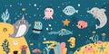 Cute underwater seabed. Funny ocean animals, fishes and seaweed, cartoon characters in natural habitat, swimming dolphin