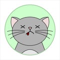 Cute Unhappy, Grampy, Dead Cat, Round Icon, Emoticons. A gray cat with a Mustache Died With Its Tongue Hanging out. Vector Image