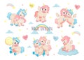 Cute unicorn. Adorable character for kids birthday card, cartoon baby unicorns with rainbows clouds and stars in