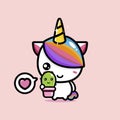 Cute unicorn animal cartoon character holding a cactus flower