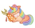 Cute unicorn baby girl sleep on pillow. Newborn magic horse with horn. Sweet dream. Fairytale pony rest. Child birthday. Vector