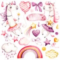 Cute unicorn Baby girl. Watercolor nursery cartoon magic animals horse, fantasy clouds rainbow. Adorable Nurseries pink