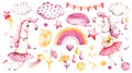 Cute unicorn baby girl. Watercolor vector nursery cartoon magic animals, pink clouds, rainbow. Adorable Nurseries Royalty Free Stock Photo