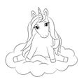 Cute unicorn baby, sitting on cloud, outline drawing.