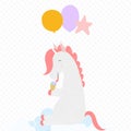 Cute Unicorn with balloons licking ice cream cone