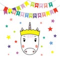 Cute unicorn in birthday crown