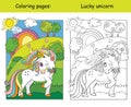 Cute unicorn on blooming meadow coloring book Royalty Free Stock Photo