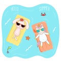 Cute unicorn and bunny on floating mattresses Royalty Free Stock Photo