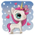 Cute Unicorn with butterfly on a stars background