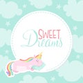 Cute Unicorn Card with Pretty Pony Sleeping on Pillow with Sweet Dreams Inscription Vector Template