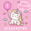 Cute unicorn cartoon with Birthday balloon and number Royalty Free Stock Photo