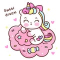 Cute unicorn cartoon on candy cloud sweet dream. Series: Kawaii animal pony isolated on white background