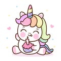 Cute unicorn cartoon and happy birthday cake yummy dessert Royalty Free Stock Photo